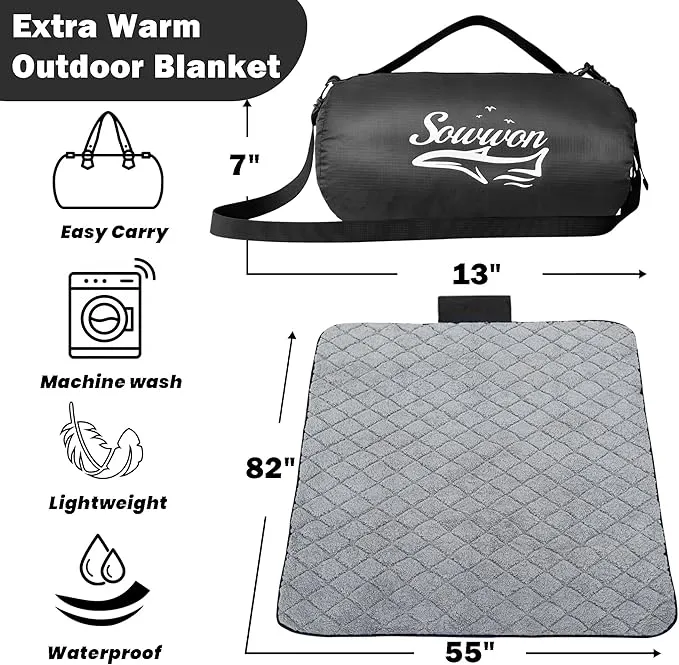 Waterproof Outdoor Blanket 82”X 55” Packable, Stadium Blankets for Camping with Sherpa Fleece Lining, Large Windproof Emergency Throw Mat for Garss Picnic Hiking Road Trip, Machine Washable, Black