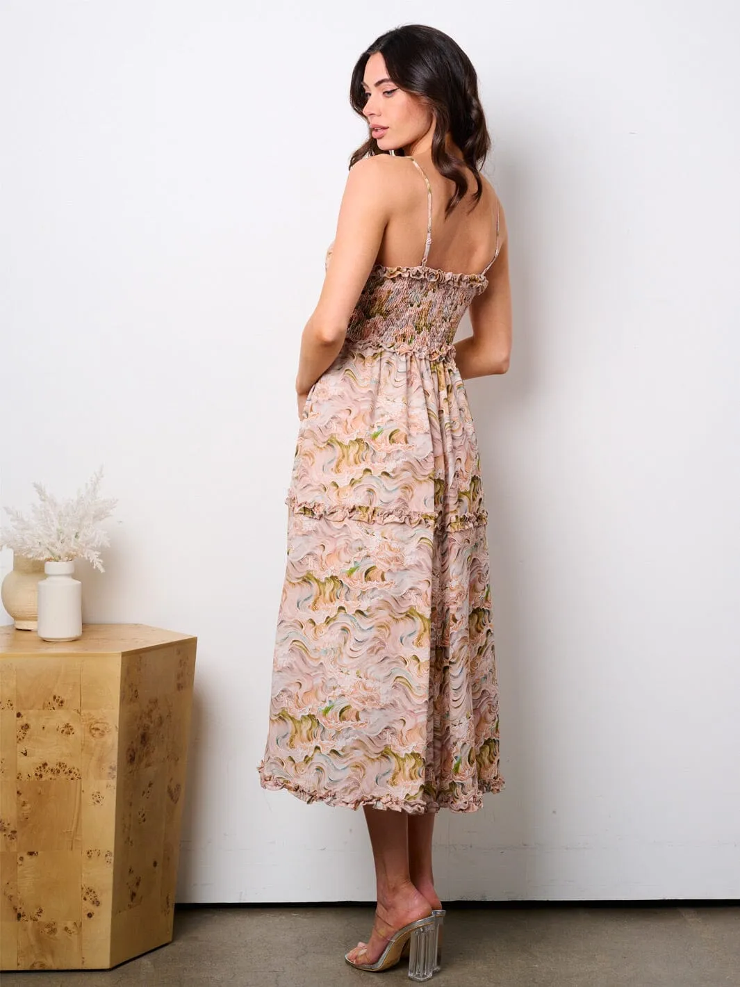 WOMEN'S SLEEVELESS RUFFFLE DETAILED PRINTED MIDI DRESS