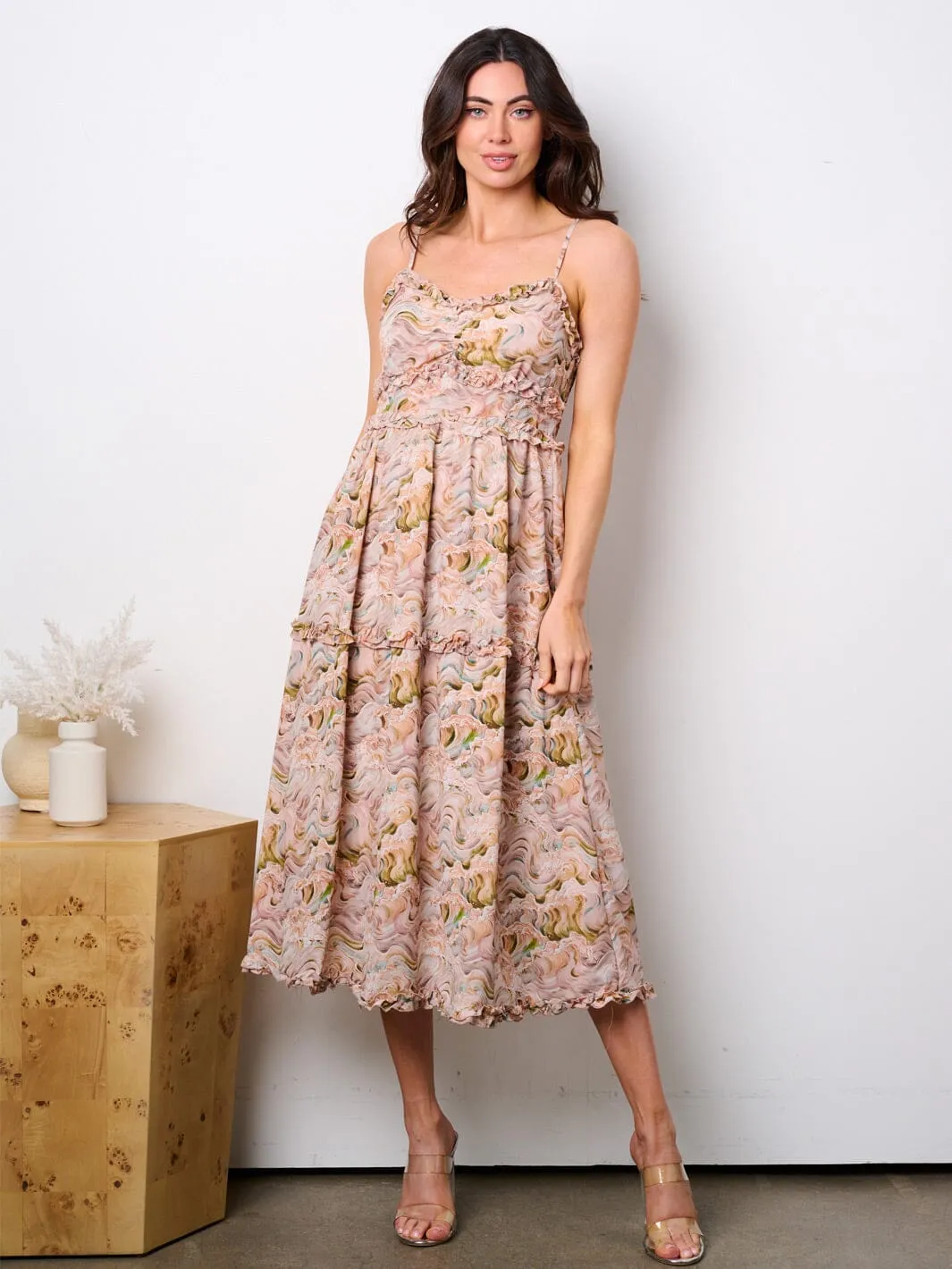 WOMEN'S SLEEVELESS RUFFFLE DETAILED PRINTED MIDI DRESS