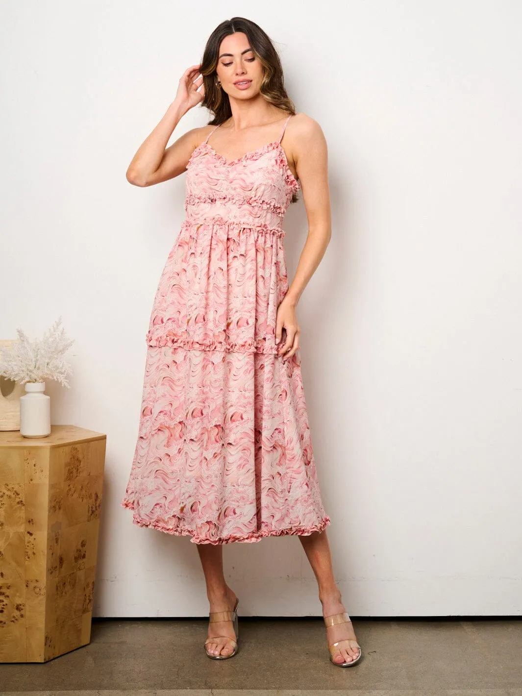 WOMEN'S SLEEVELESS RUFFFLE DETAILED PRINTED MIDI DRESS