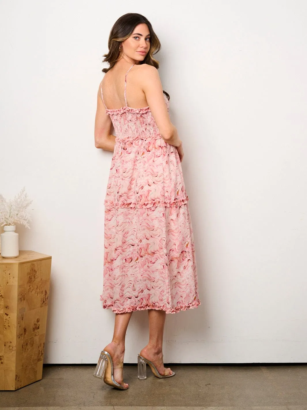 WOMEN'S SLEEVELESS RUFFFLE DETAILED PRINTED MIDI DRESS
