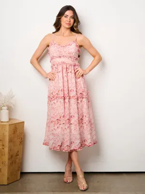 WOMEN'S SLEEVELESS RUFFFLE DETAILED PRINTED MIDI DRESS
