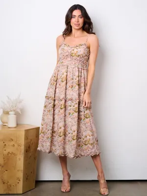 WOMEN'S SLEEVELESS RUFFFLE DETAILED PRINTED MIDI DRESS