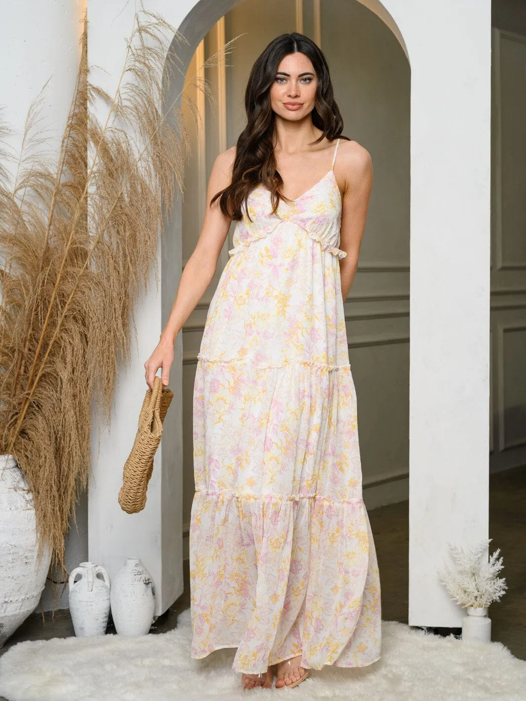 WOMEN'S SLEEVELESS V-NECK TIERED FLORAL MAXI DRESS
