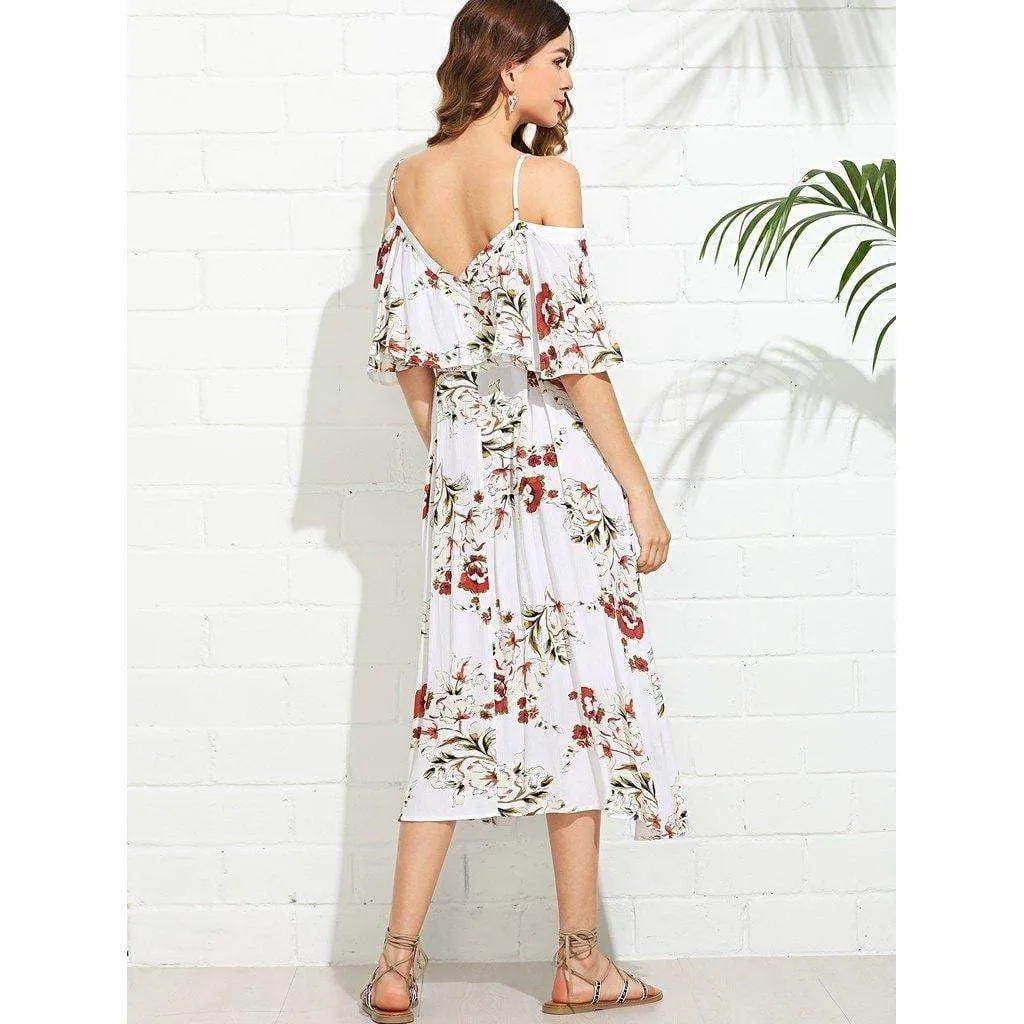 Wrap Front Cold Shoulder Floral Dress