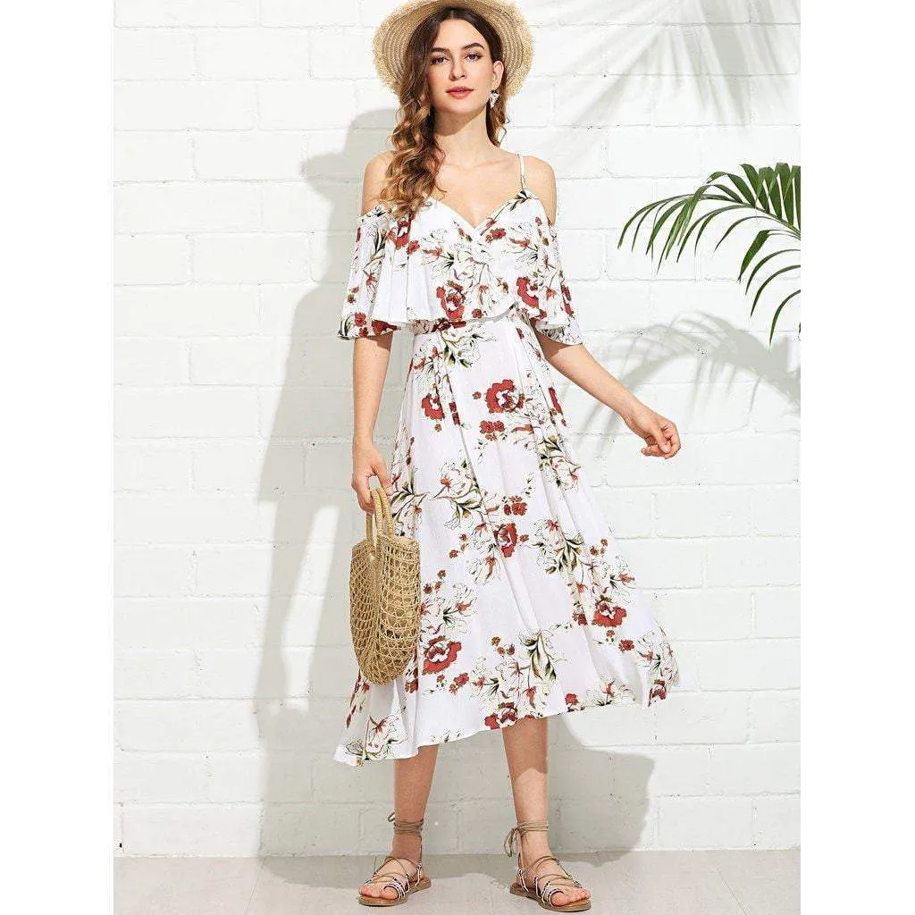 Wrap Front Cold Shoulder Floral Dress