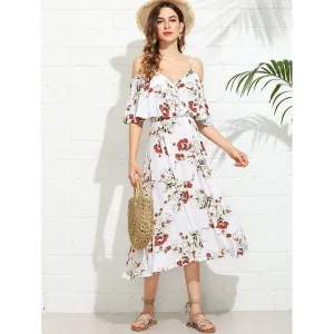 Wrap Front Cold Shoulder Floral Dress